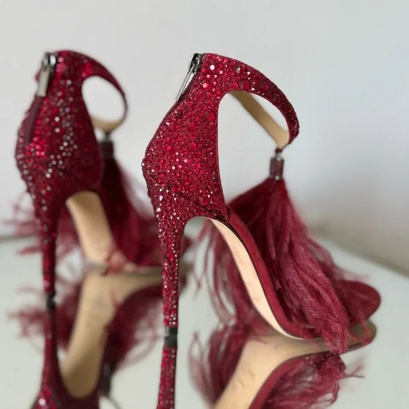 New Jimmy Choo VIOLA 110 Suede Crystal Sandals Red Ostrich Feather Tassel - Picture 11 of 17